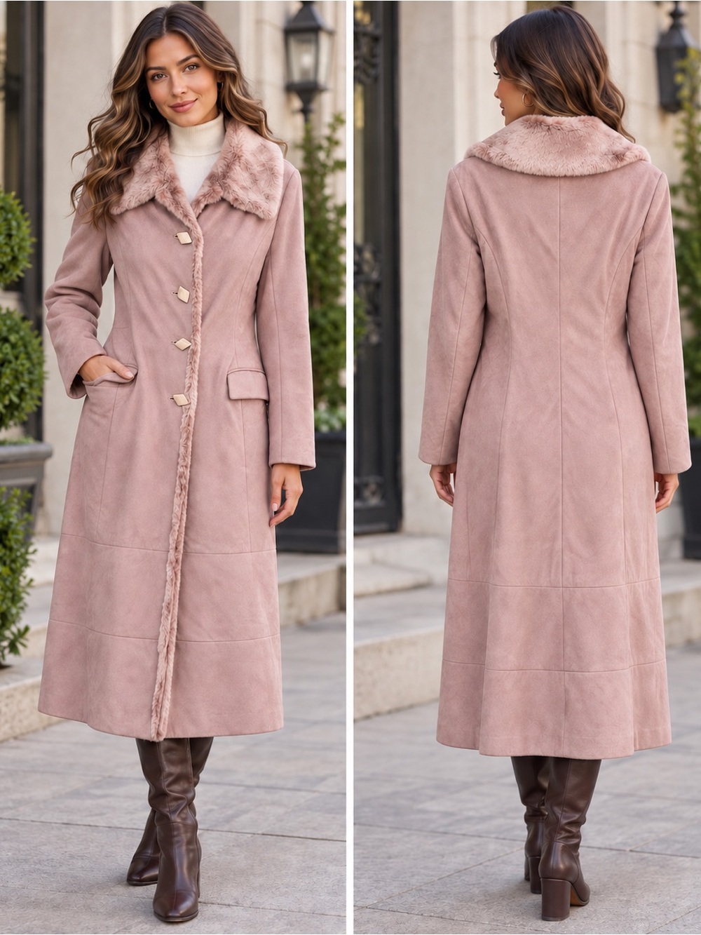 Lubera Long Faux-Suede Coat with Fur Trim - Dusty Rose Size XS or S Vintage 90s